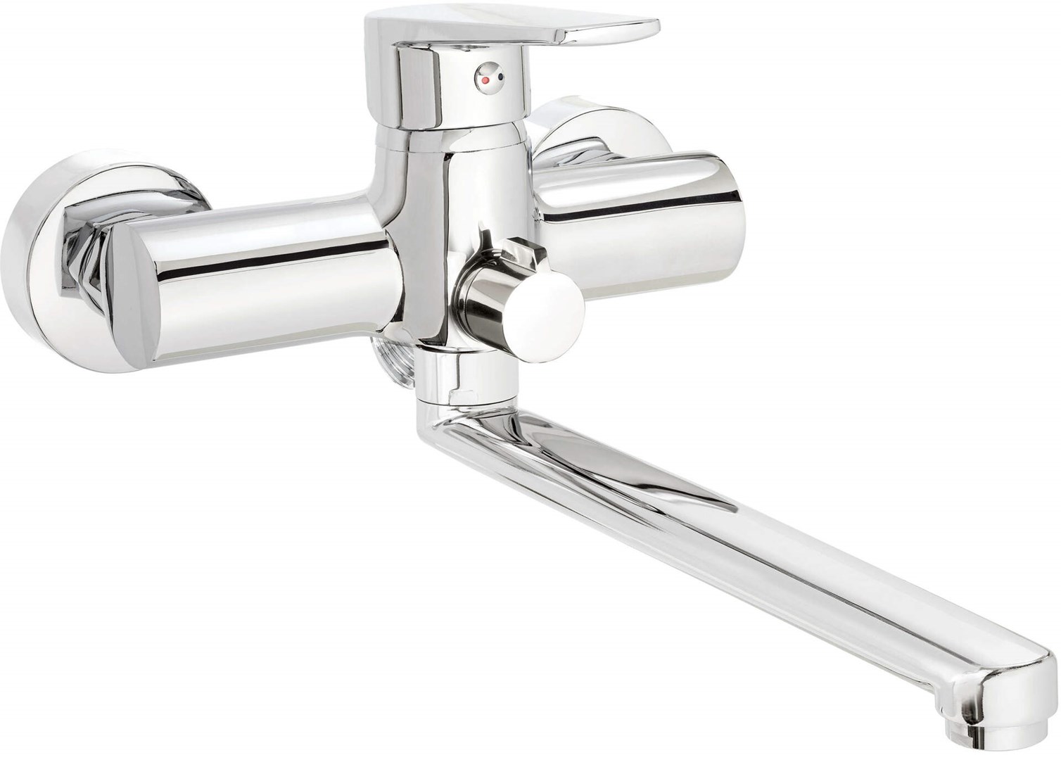Wall-mounted washbasin and bath mixer with extended spout - hose connection