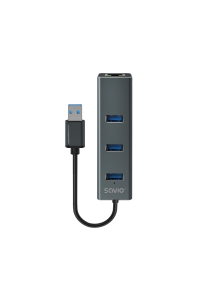 Obrázok pre Savio AK-57 USB-A - 3 x USB-A HUB with RJ-45 Gigabit Ethernet adapter 5000 Mbit/s grey USB 3.2 Gen 1 (3.1 Gen 1) Micro-B 5000 Mbit/s Černá