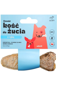Obrázok pre AZANKI Kost s krevetou a černými olivami v kůži tresky ve tvaru ryby – pamlsek pro psa – 12 cm