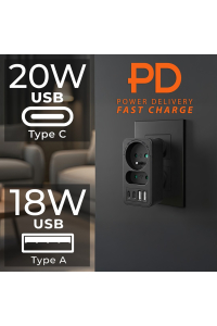 Obrázok pre Proudová zásuvka Maclean x2 + 4xUSB, rozbočovač se 2 zásuvkami, 2xUSB A, 2xUSB C PD 20W, 1x16A + 1x6A, MCE249 F/B