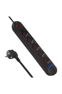 Obrázok pre Napájecí lišta Maclean, prodlužovací kabel s 5 zásuvkami + 3xUSB, 110-240V AC 50/60Hz, 2,1A max. 2500W, 1,5 m, černá, MCE395 B