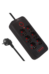 Obrázok pre Napájecí lišta Maclean, prodlužovací kabel se 6 zásuvkami + 4xUSB, 110-240V AC 50/60Hz, 2,1A max. 2500W, 1,5 m, černá, MCE389 B