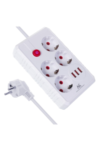 Obrázok pre Napájecí lišta Maclean, prodlužovací kabel se 4 zásuvkami + 3xUSB, 110-240V AC 50/60Hz, 2,1A max. 2500W, 3m, bílá, MCE393 W