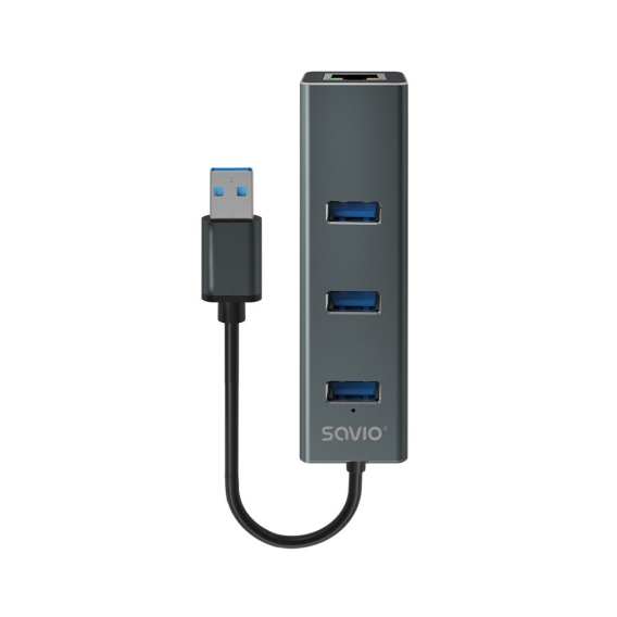 Obrázok pre Savio AK-57 USB-A - 3 x USB-A HUB with RJ-45 Gigabit Ethernet adapter 5000 Mbit/s grey USB 3.2 Gen 1 (3.1 Gen 1) Micro-B 5000 Mbit/s Černá