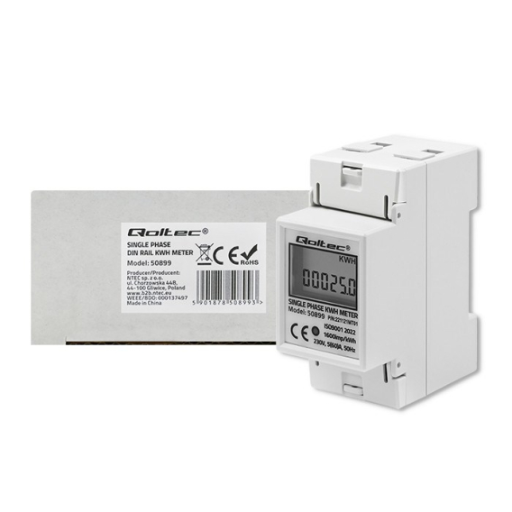 Obrázok pre Qoltec 50899 Jednofázový elektronický měřič spotřeby energie | 230 V | LCD | 2P | DIN lišta
