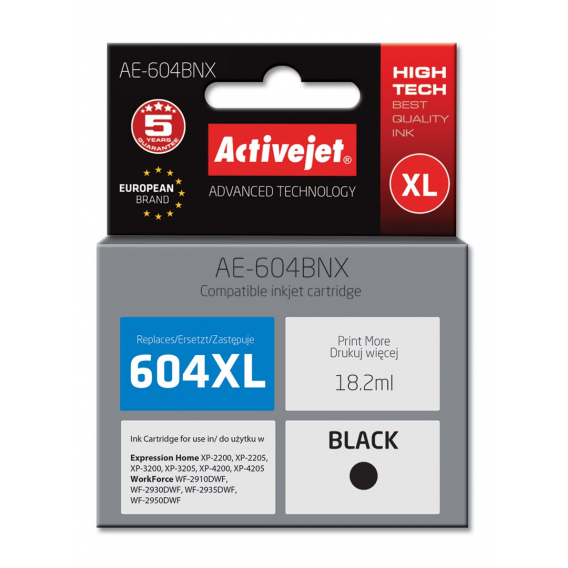 Obrázok pre Activejet AE-604BNX inkoust pro tiskárny Epson (náhradní náplň Epson 604XL C13T10H14010) výtěžnost 500 stran; 18,2 ml; Supreme; černá barva