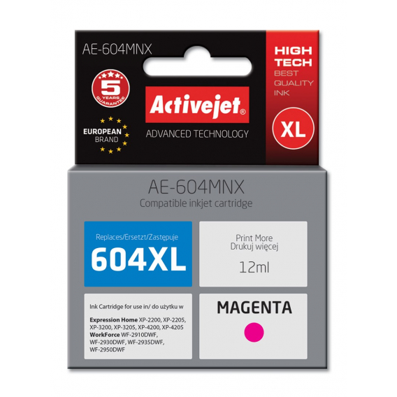 Obrázok pre Activejet AE-604MNX inkoust pro tiskárny Epson (náhradní náplň Epson 604XL C13T10H34010) výtěžnost 350 stran; 12 ml; Supreme; Magenta