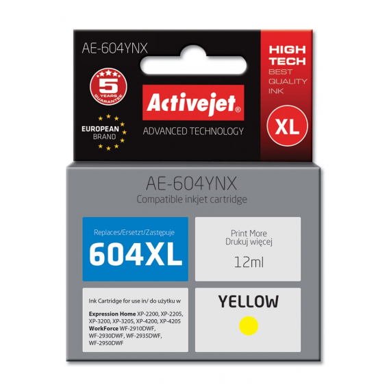 Obrázok pre Activejet AE-604YNX inkoust pro tiskárny Epson (náhrada za Epson 604XL C13T10H44010) výtěžnost 350 stran; 12 ml; Supreme; žlutý