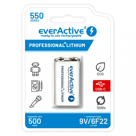 Obrázok pre Dobíjecí baterie everActive 6F22/9V Li-ion 550 mAh s USB TYPE C