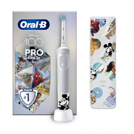 Obrázok pre Oral-B | Vitality PRO Kids Disney 100 | Electric Toothbrush with Travel Case | Rechargeable | For kids | Number of brush heads included 1 | Number of teeth brushing modes 2 | White