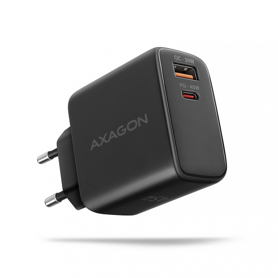 Obrázok pre Axagon ACU-PQ45 QC 3.0, 4.0/AFC/FCP/PPS/PD, 45W, schwarz - Netzladegerät mit USB-A und USB-C Schnittstelle Mibilní telefon, Chytrý telefon, Chytré hodinky, Tablet, Univerzální Černá AC Rychlé nabíjení Vnitřní