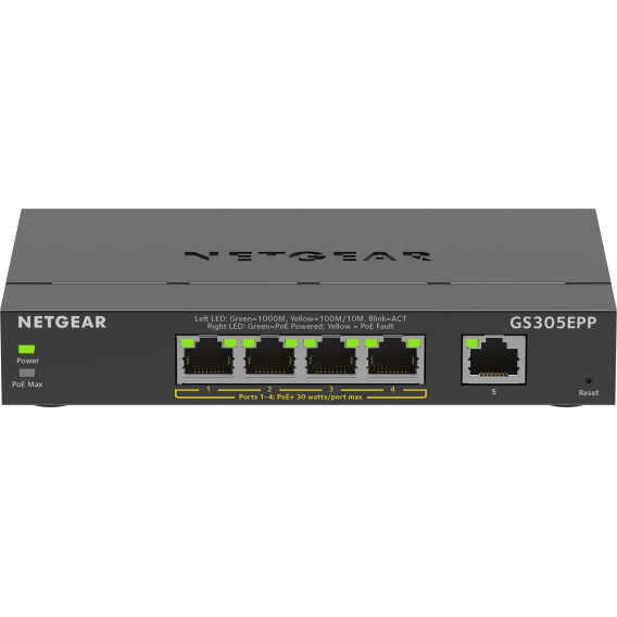 Obrázok pre NETGEAR 5-Port Gigabit Ethernet High-Power PoE+ Plus Switch (GS305EPP) Řízený L2/L3 Gigabit Ethernet (10/100/1000) Podpora napájení po Ethernetu (PoE) Černá