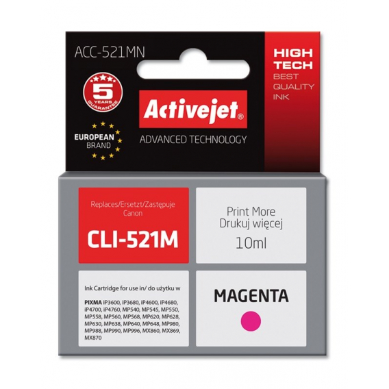 Obrázok pre Activejet Inkoust ACC-521MN (náhradní inkoust Canon CLI-521M; Supreme; 10 ml; červený)