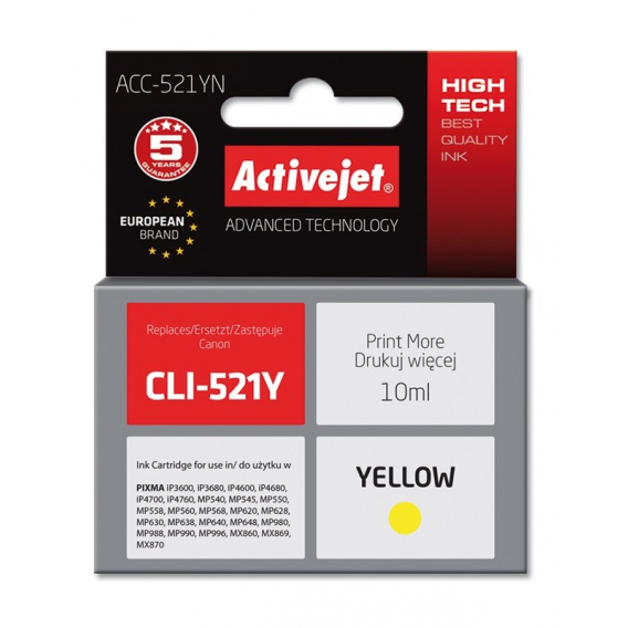Obrázok pre Activejet Inkoust ACC-521YN (náhradní inkoust Canon CLI-521Y; Supreme; 10 ml; žlutý)