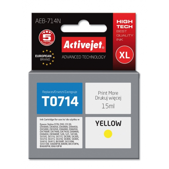 Obrázok pre Activejet Inkoust AEB-714N (náhradní inkoust Epson T0714, T0894, T1004; Supreme; 15 ml; žlutý)