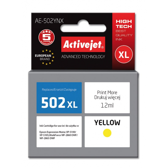 Obrázok pre Activejet Inkoust AE-502YNX (náhradní inkoust Epson 502XL W44010; Supreme; 12 ml; žlutý)