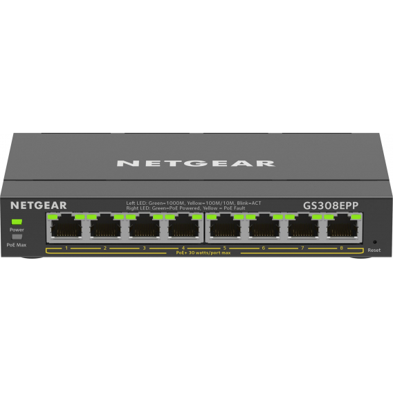 Obrázok pre NETGEAR 8-Port Gigabit Ethernet High-Power PoE+ Plus Switch (GS308EPP) Řízený L2/L3 Gigabit Ethernet (10/100/1000) Podpora napájení po Ethernetu (PoE) Černá