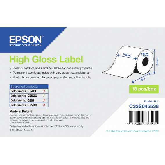 Obrázok pre Epson High Gloss Label - Continuous Roll: 102mm x 33m