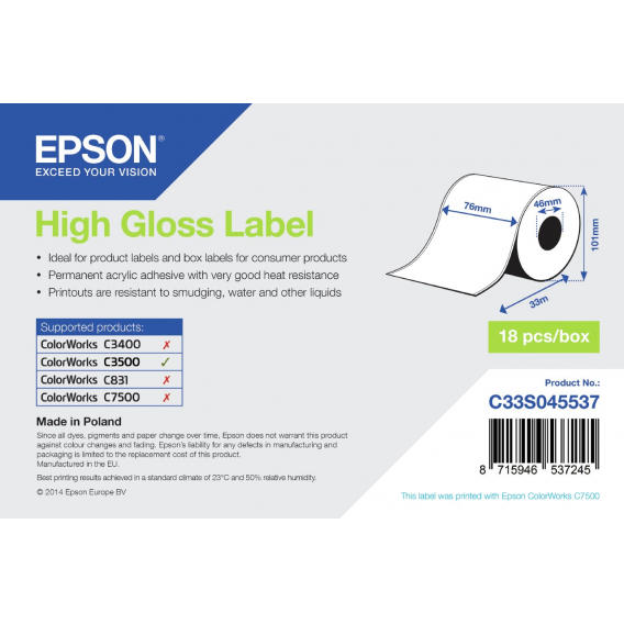 Obrázok pre Epson High Gloss Label - Continuous Roll: 76mm x 33m