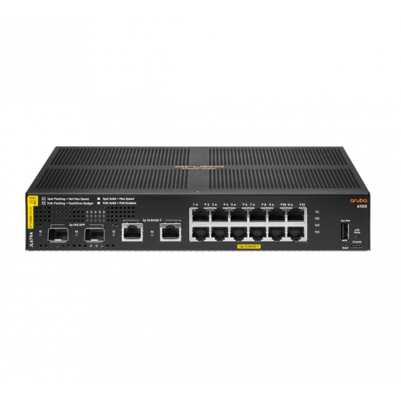 Obrázok pre HPE Aruba Networking 6100 12G Class4 PoE 2G/2SFP+ 139W Řízený L3 Gigabit Ethernet (10/100/1000) Podpora napájení po Ethernetu (PoE) 1U Černá