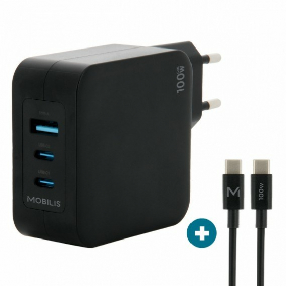 Obrázok pre Mobilis Charger 100W 2USB C 1USBA GaN cable 100W Laptop, Chytrý telefon, Tablet Černá AC Vnitřní