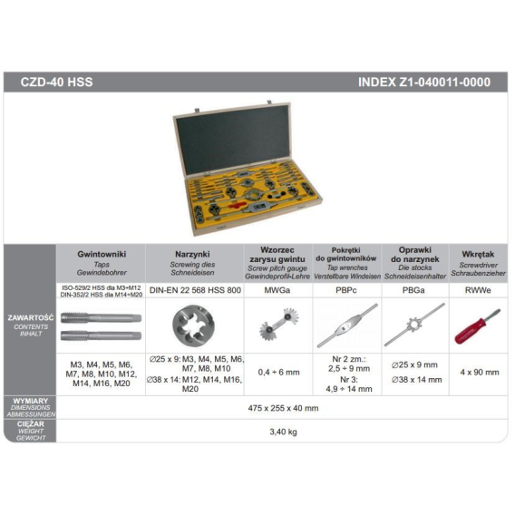 Obrázok pre ZESTAW NARZEDZI DO GWINTOWANIA M3-M20 HSS CZD-40