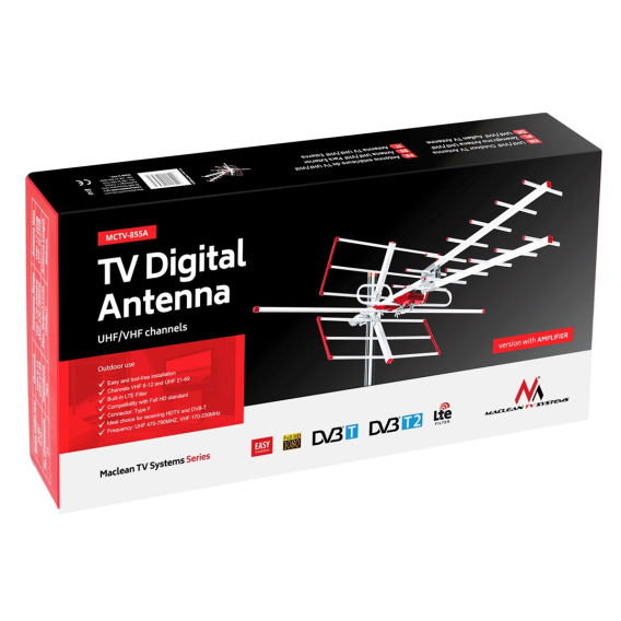 Obrázok pre TV s externí anténou DVB-T/T2 H.265 HEVC Combo UHF VHF aktivní max. 100dBμV Maclean MCTV-855 Lte filtr