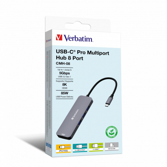 Obrázok pre Verbatim CMH-08 USB typu C 5000 Mbit/s Stříbrná