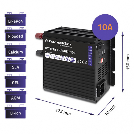 Obrázok pre Qoltec 51958 Chytrá nabíječka Monolith pro LiFePO4 AGM GEL SLA baterie | 10A | 12V