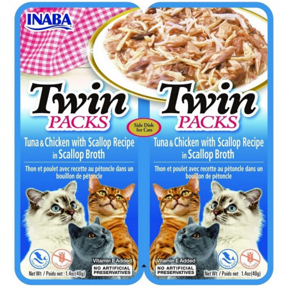 Obrázok pre INABA CAT Twin tuňák s kuřecím a mušlemi v bujónu – pochoutka pro kočky – 2x40g