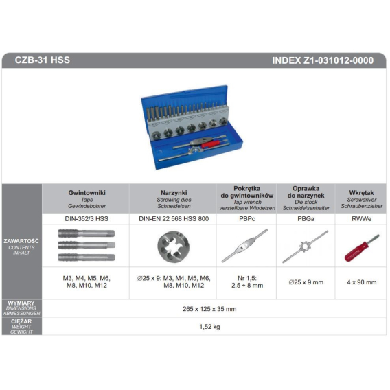 Obrázok pre FANAR TAPS+DIES set 31cz M3-M12, CZB-31 INOX...