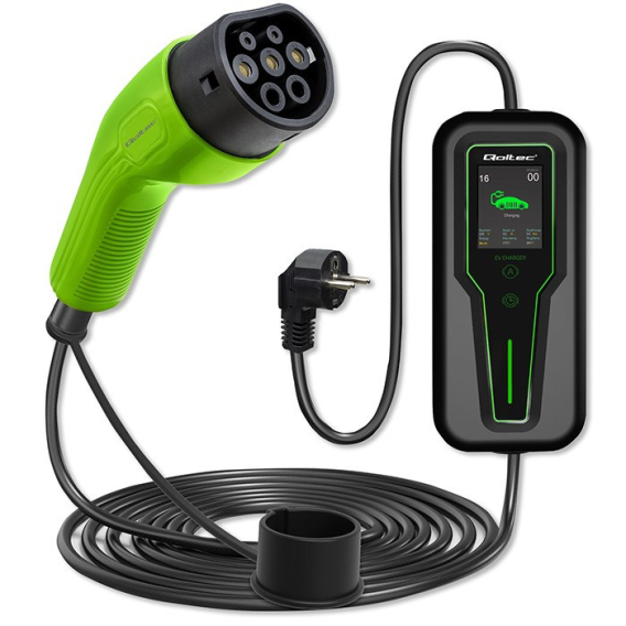 Obrázok pre Qoltec 52465 Mobilní nabíječka pro elektromobily 2 v 1 Typ 2 s regulací | 3,5 kW | 230 V | LCD | Přenosná | Wallbox | 5 m