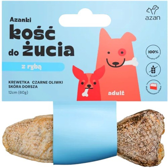 Obrázok pre AZANKI Kost s krevetou a černými olivami v kůži tresky ve tvaru ryby – pamlsek pro psa – 12 cm