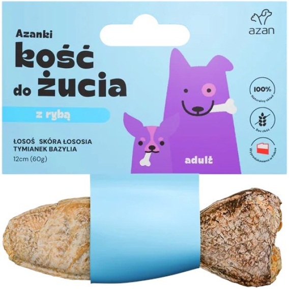 Obrázok pre AZANKI Kost s lososem ve slupce lososa s tymiánem a bazalkou ve tvaru ryby - pochoutka pro psa - 12 cm