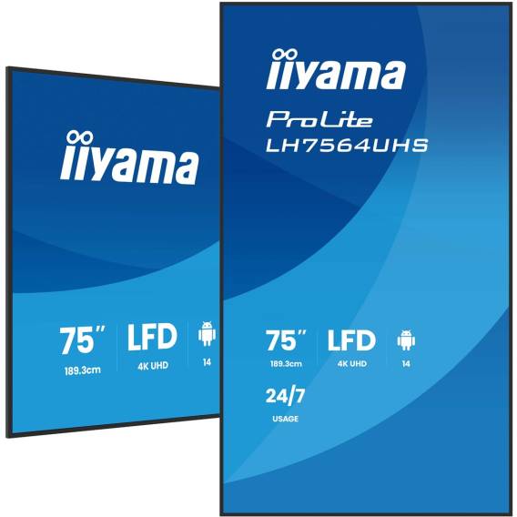 Obrázok pre iiyama LH7564UHS-B1AG sdělovací displej Plochá digitální tabule 190,5 cm (75") Wi-Fi 500 cd/m² 4K Ultra HD Černá Zabudovaný procesor Android 24/7