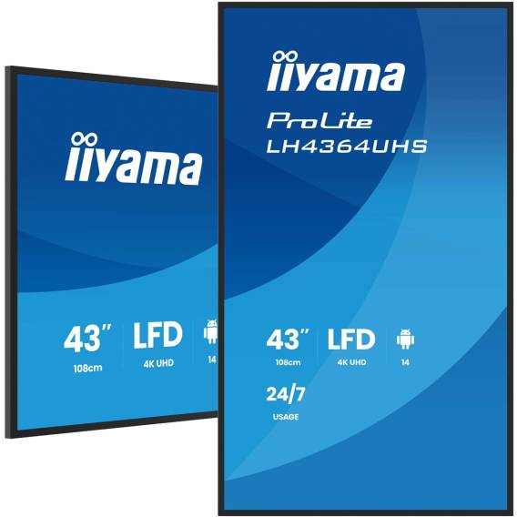 Obrázok pre iiyama LH4364UHS-B1AG sdělovací displej Plochá digitální tabule 109,2 cm (43") LED Wi-Fi 500 cd/m² 4K Ultra HD Černá Zabudovaný procesor Android 24/7