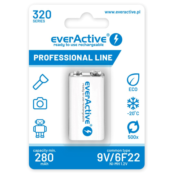 Obrázok pre Nabíjecí baterie EverActive Ni-MH 6F22 9V 320 mAh Professional Line