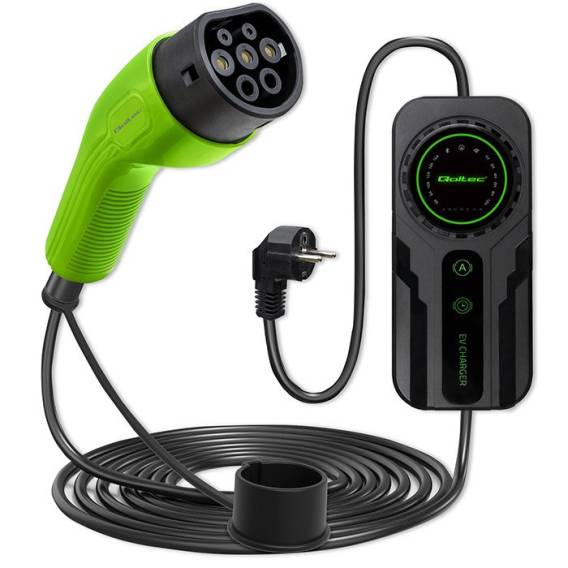 Obrázok pre Qoltec Mobilní nabíječka pro elektromobily EV s regulací 2v1 Typ2 SCHUKO 3,5 kW 230 V LCD Přenosná Wallbox 5 m