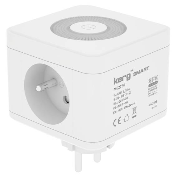 Obrázok pre KERG SMART – NAPÁJECÍ KOSTKA SE 2 ZÁSUVKAMI + NABÍJEČKA USB-A+USB-C + LED LAMPKA 16A/250V~ M02730