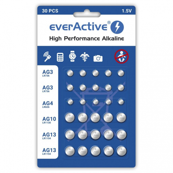 Obrázok pre Sada 30 kusů mini alkalických baterií everActive 10 x G3 / LR41, 5 x G4 / LR626, 5 x G10 / LR1130, 10 x G13 / LR1154.