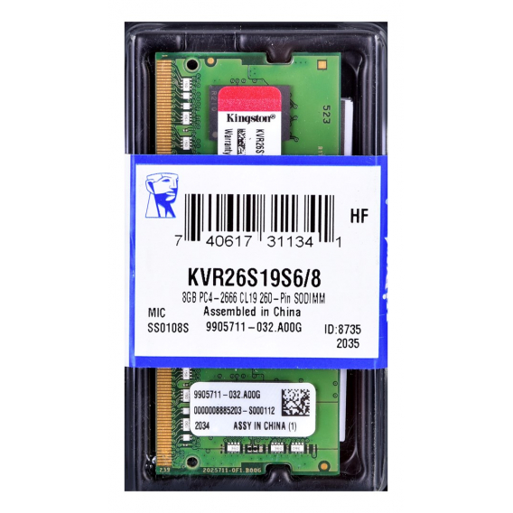Obrázok pre Kingston Technology ValueRAM KVR26S19S6/8 paměťový modul 8 GB 1 x 8 GB DDR4 2666 MHz