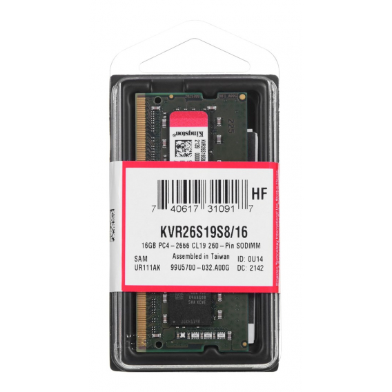 Obrázok pre Kingston Technology KVR26S19S8/16 paměťový modul 16 GB 1 x 16 GB DDR4 2666 MHz