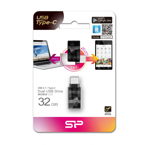 Obrázok pre Silicon Power Mobile C31 USB paměť 32 GB USB Type-A / USB Type-C 3.2 Gen 1 (3.1 Gen 1) Černá, Stříbrná