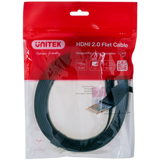 Obrázok pre UNITEK HDMI CABLE 2.0 4K60HZ FLAT 3M C11063BK-3M HDMI kabel 3 m HDMI Typ A (standardní) Černá